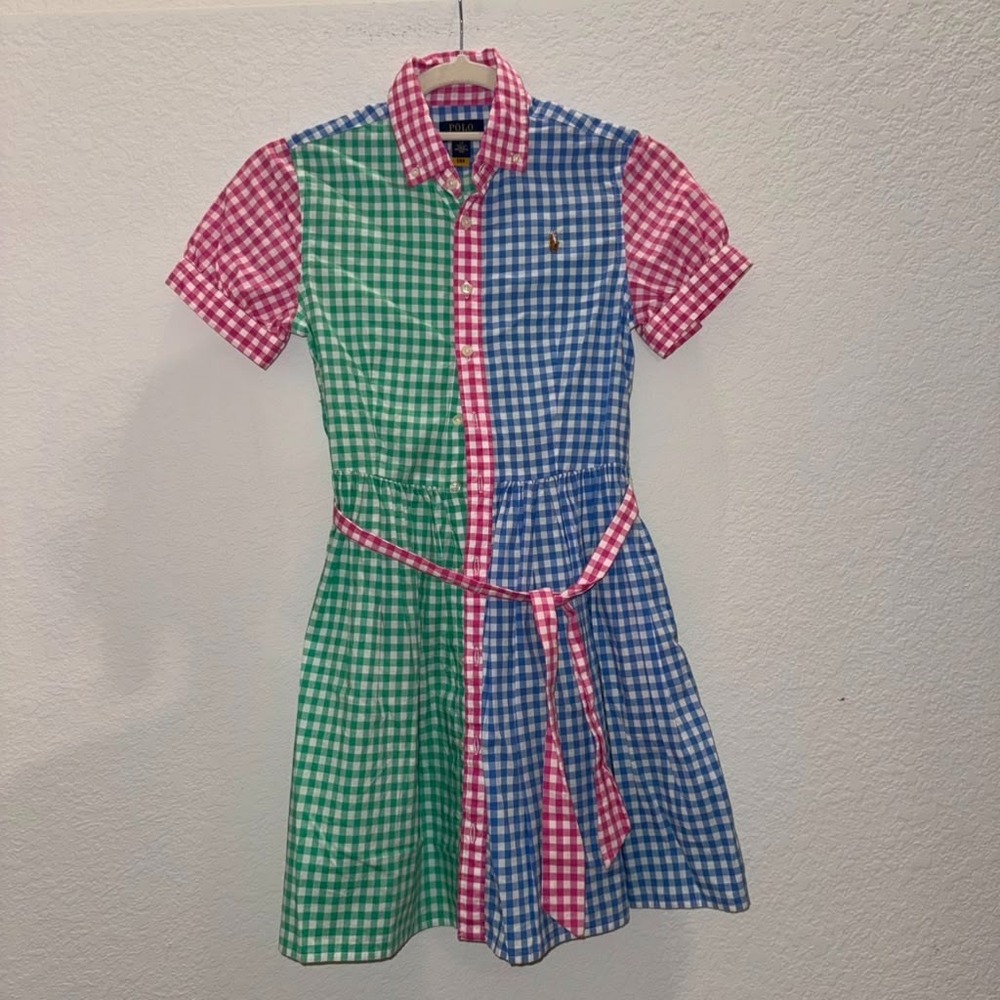 Polo Ralph Lauren Girls Sz 12 Patchwork Gingham Cotton Poplin Shirt Dress Preppy